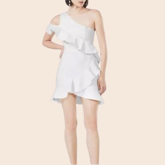 BCBG White Ruffled One Shoulder Mini Dress Size 8 - Picture 1 of 14